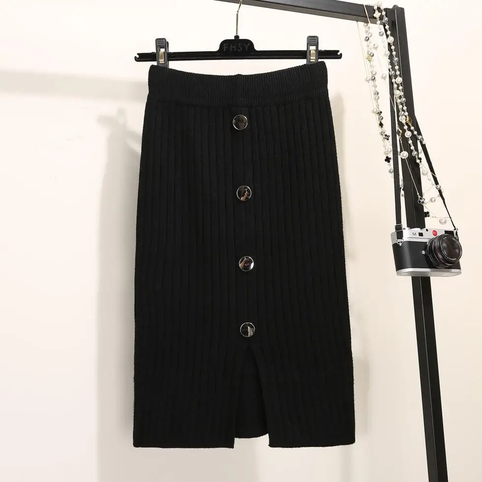 Women's Black Knitted Mid-Length Skirt with Button Front - Image 3