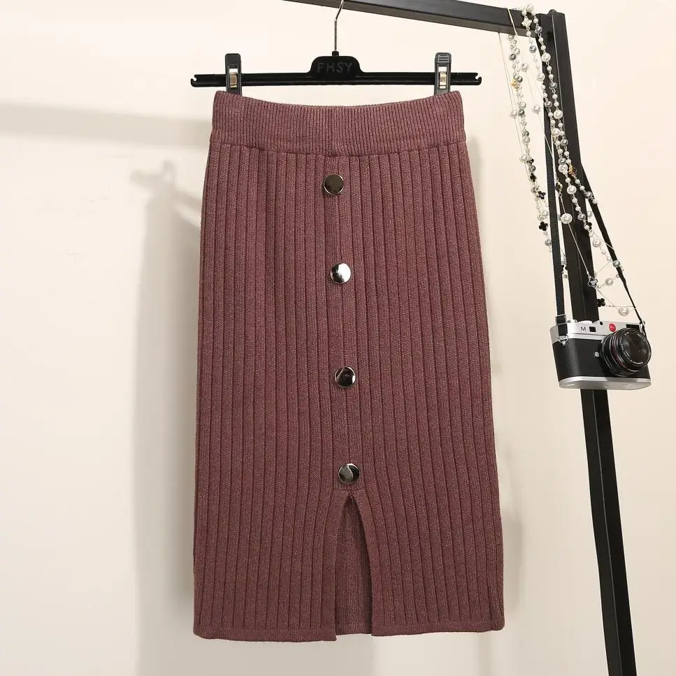 Women's Black Knitted Mid-Length Skirt with Button Front - Image 4