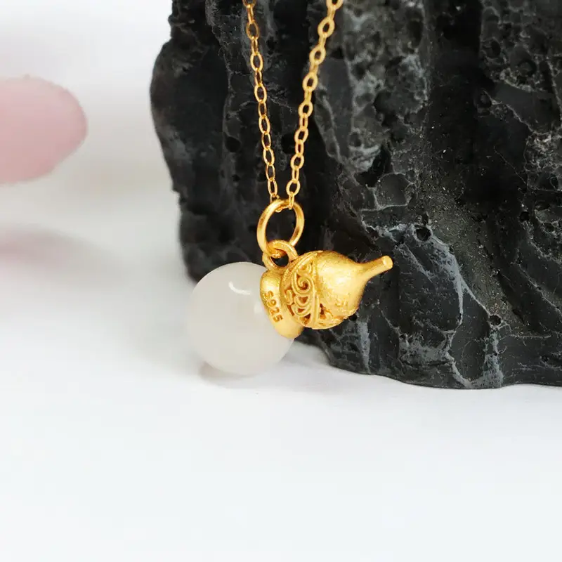 Guan Yu Pendant Necklace Gold Inlay White Jade Gourd