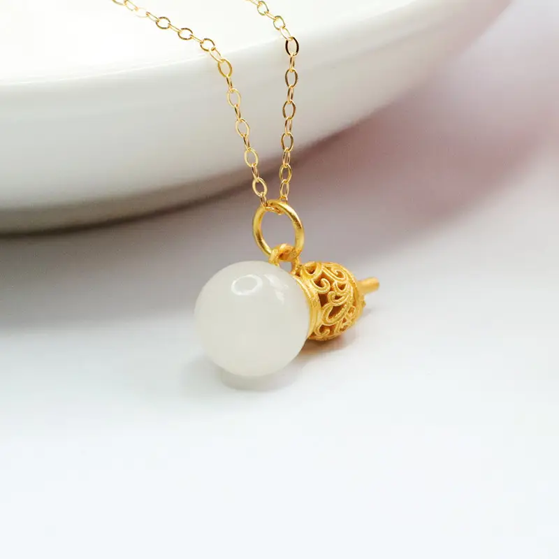 Guan Yu Pendant Necklace Gold Inlay White Jade Gourd — feature 6