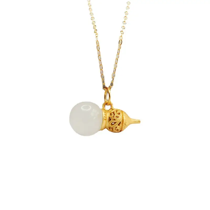 Guan Yu Pendant Necklace Gold Inlay White Jade Gourd