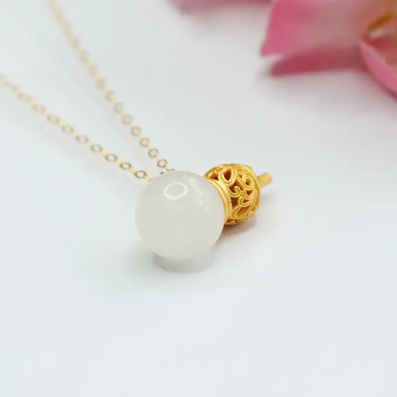 Guan Yu Pendant Necklace Gold Inlay White Jade Gourd — feature 7