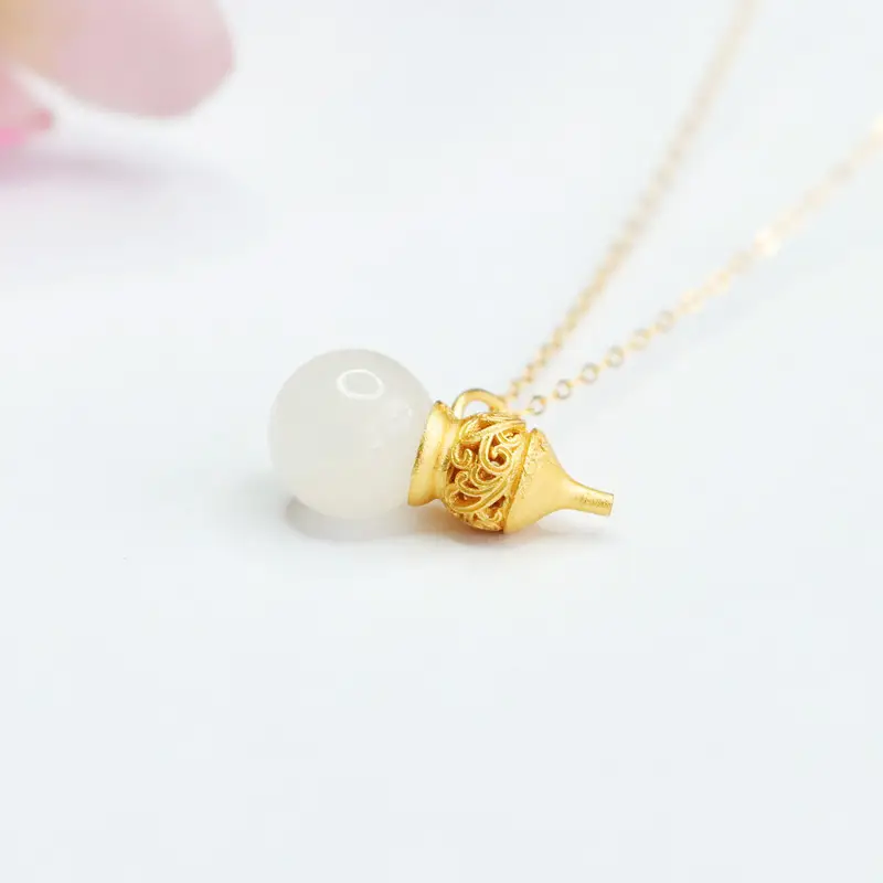 Guan Yu Pendant Necklace Gold Inlay White Jade Gourd — feature 8