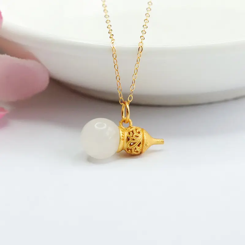 Guan Yu Pendant Necklace Gold Inlay White Jade Gourd — feature 5