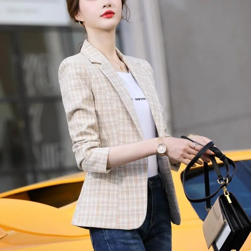 Women Plaid Short Suit Jacket Pink White 2024 Spring Fall - Image 6