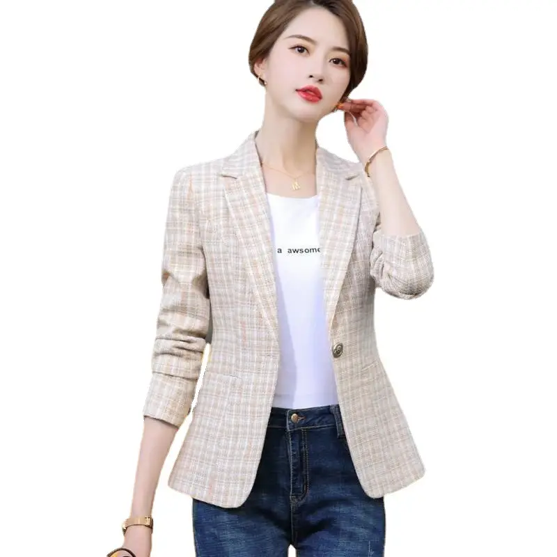 Women Plaid Short Suit Jacket Pink White 2024 Spring Fall - Image 7