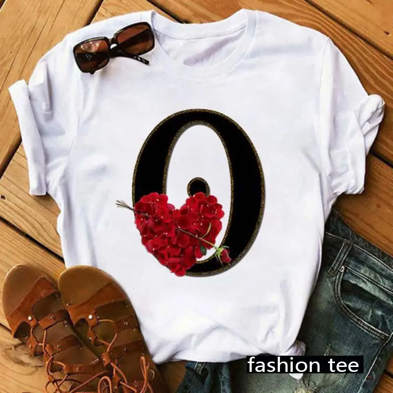 Women T-Shirt 26 Letters Red Rose Heart Design - Image 2