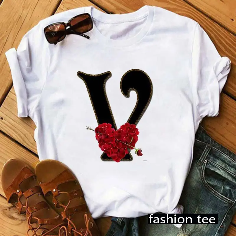Women T-Shirt 26 Letters Red Rose Heart Design - Image 3