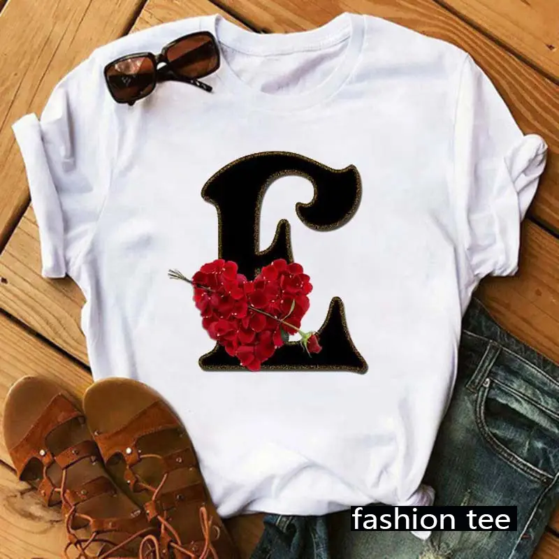Women T-Shirt 26 Letters Red Rose Heart Design - Image 4