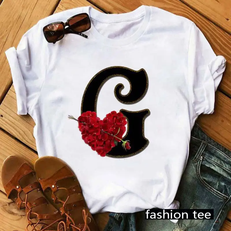 Women T-Shirt 26 Letters Red Rose Heart Design - Image 10