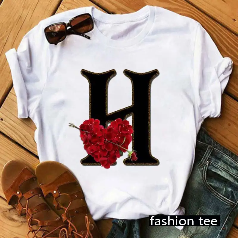 Women T-Shirt 26 Letters Red Rose Heart Design - Image 11