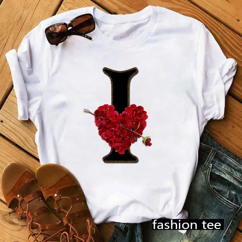 Women T-Shirt 26 Letters Red Rose Heart Design - Image 12