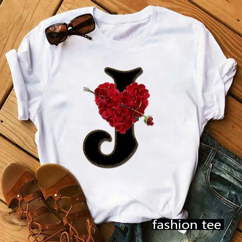 Women T-Shirt 26 Letters Red Rose Heart Design - Image 13