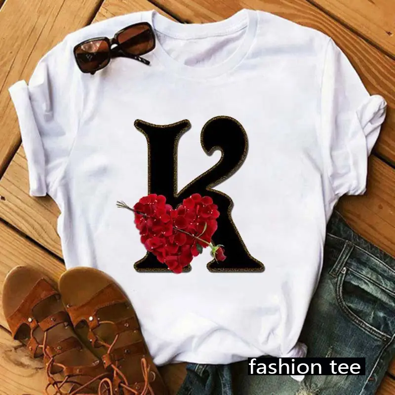 Women T-Shirt 26 Letters Red Rose Heart Design - Image 14