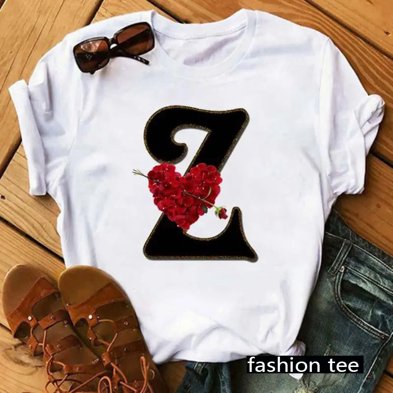 Women T-Shirt 26 Letters Red Rose Heart Design - Image 15