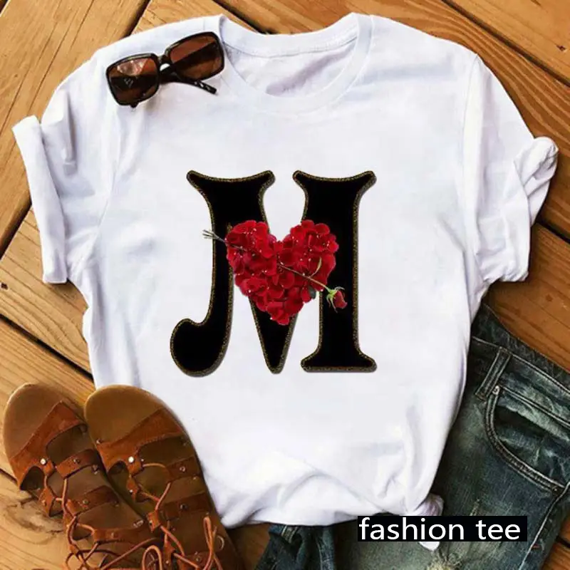 Women T-Shirt 26 Letters Red Rose Heart Design - Image 16