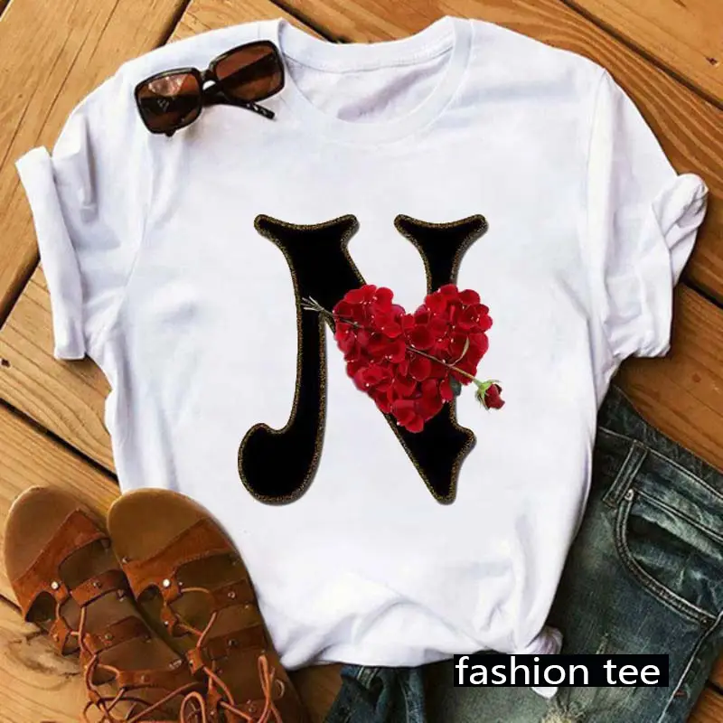 Women T-Shirt 26 Letters Red Rose Heart Design - Image 17