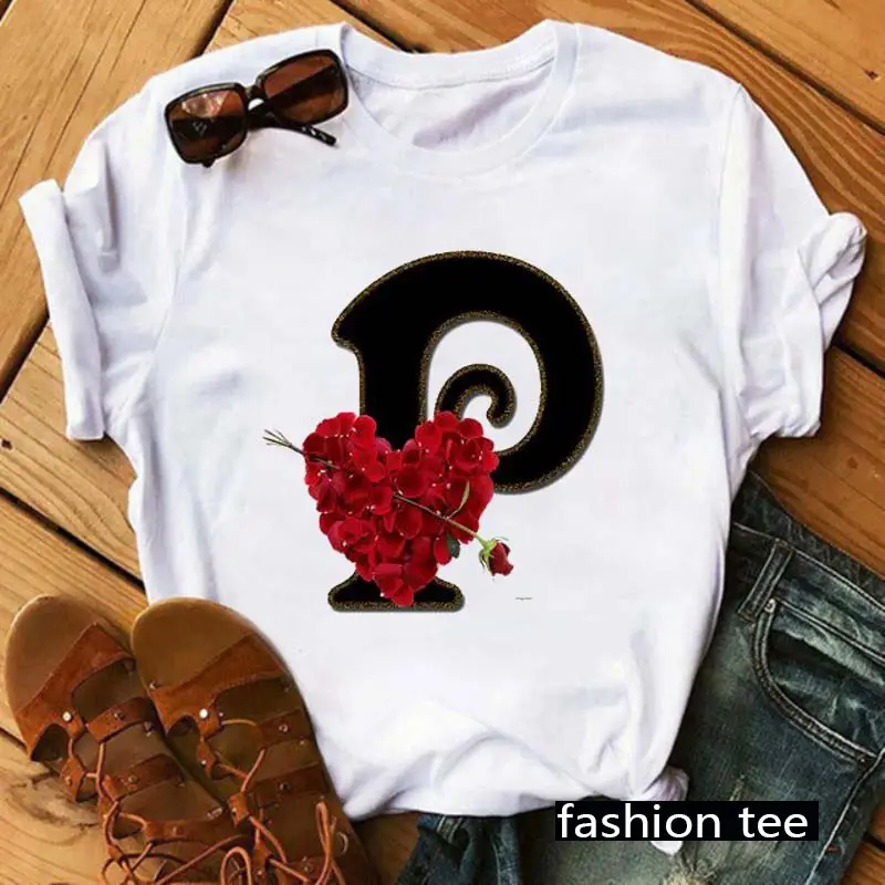 Women T-Shirt 26 Letters Red Rose Heart Design - Image 18