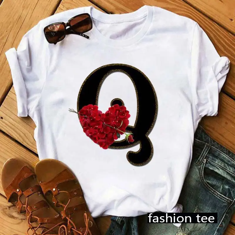 Women T-Shirt 26 Letters Red Rose Heart Design - Image 19