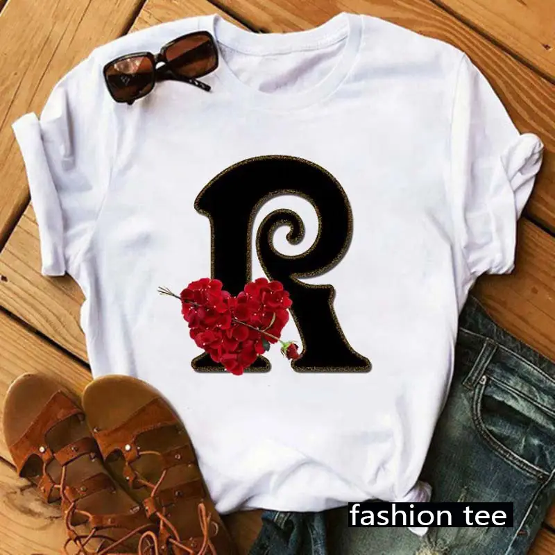 Women T-Shirt 26 Letters Red Rose Heart Design - Image 20
