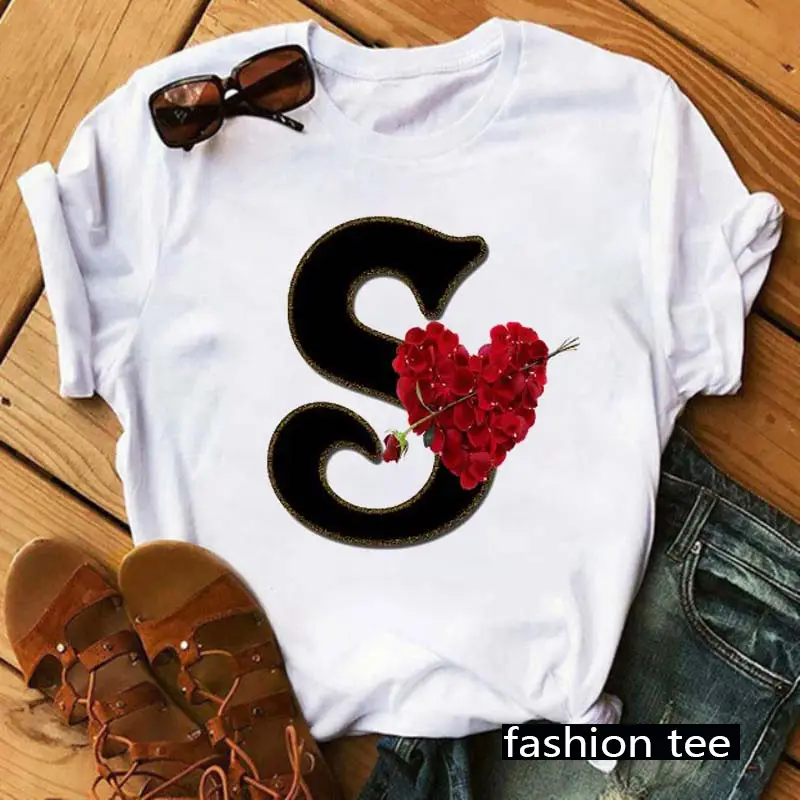 Women T-Shirt 26 Letters Red Rose Heart Design - Image 21
