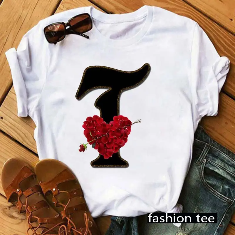 Women T-Shirt 26 Letters Red Rose Heart Design - Image 22
