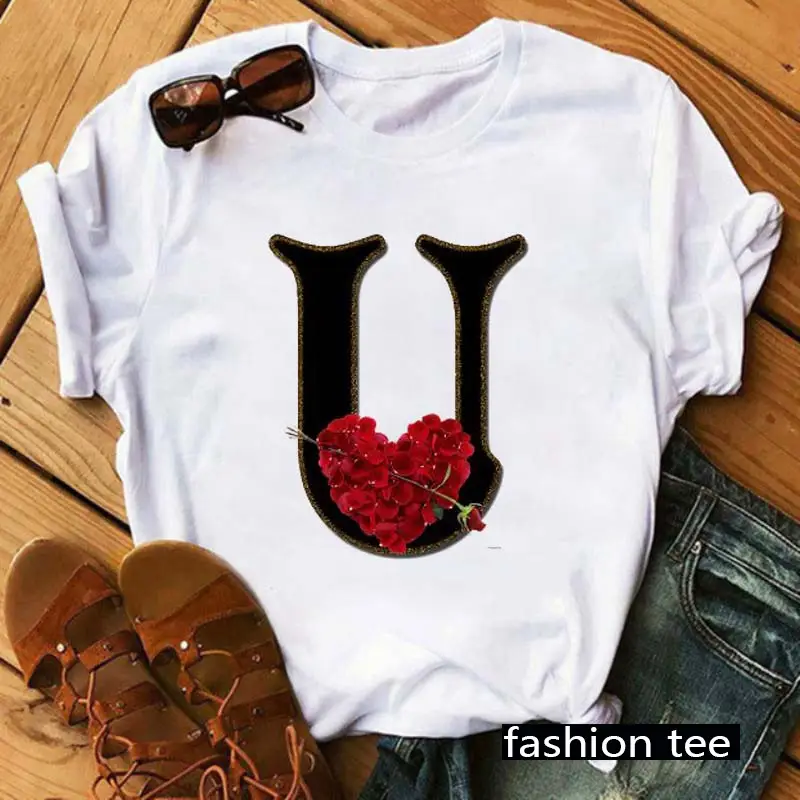 Women T-Shirt 26 Letters Red Rose Heart Design - Image 23