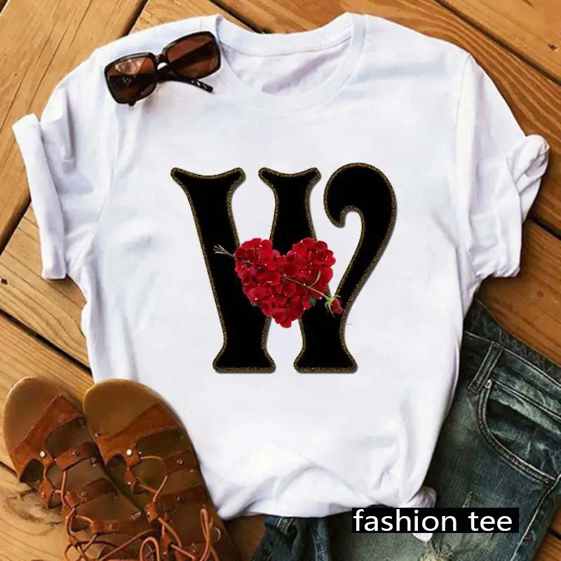 Women T-Shirt 26 Letters Red Rose Heart Design - Image 24