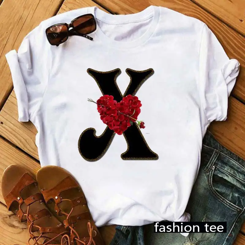 Women T-Shirt 26 Letters Red Rose Heart Design - Image 25