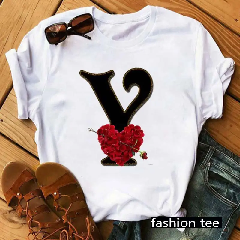 Women T-Shirt 26 Letters Red Rose Heart Design - Image 26