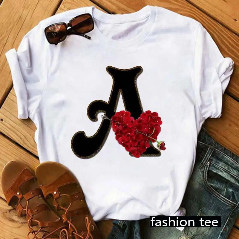 Women T-Shirt 26 Letters Red Rose Heart Design - Image 5
