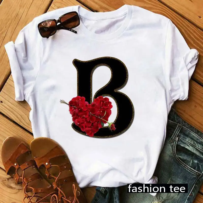 Women T-Shirt 26 Letters Red Rose Heart Design - Image 6
