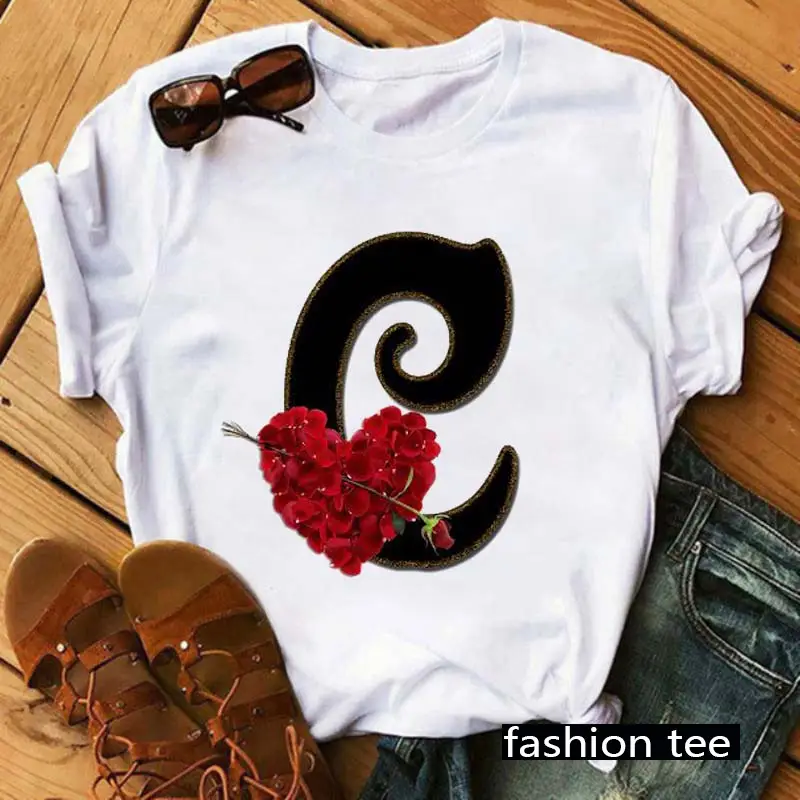 Women T-Shirt 26 Letters Red Rose Heart Design - Image 7