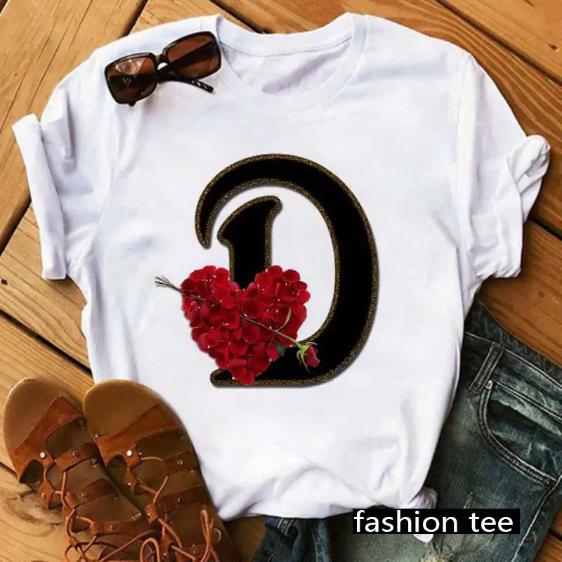 Women T-Shirt 26 Letters Red Rose Heart Design - Image 8