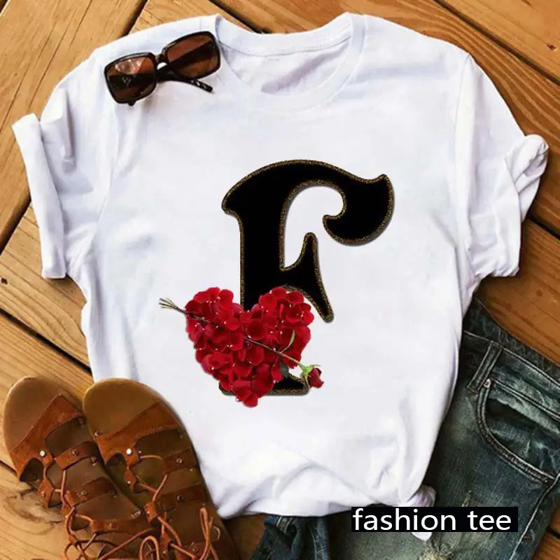 Women T-Shirt 26 Letters Red Rose Heart Design - Image 9