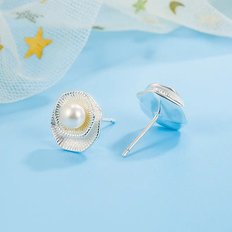 Geometric Lotus Freshwater Pearl Earrings Women - Image 2