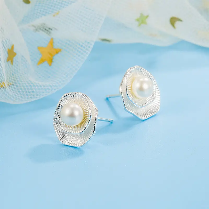 Geometric Lotus Freshwater Pearl Earrings Women - Image 3