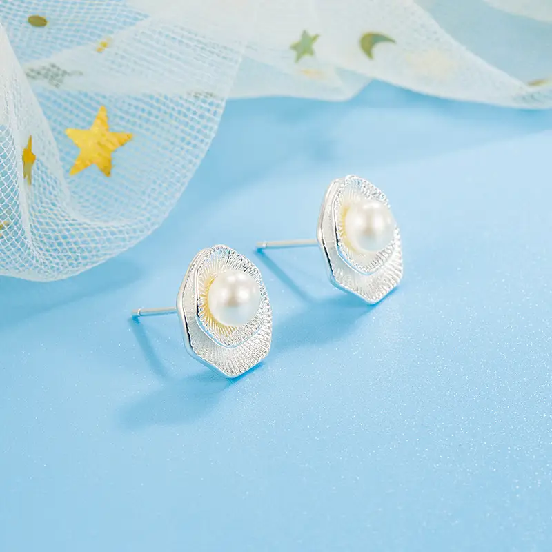 Geometric Lotus Freshwater Pearl Earrings Women - Image 4