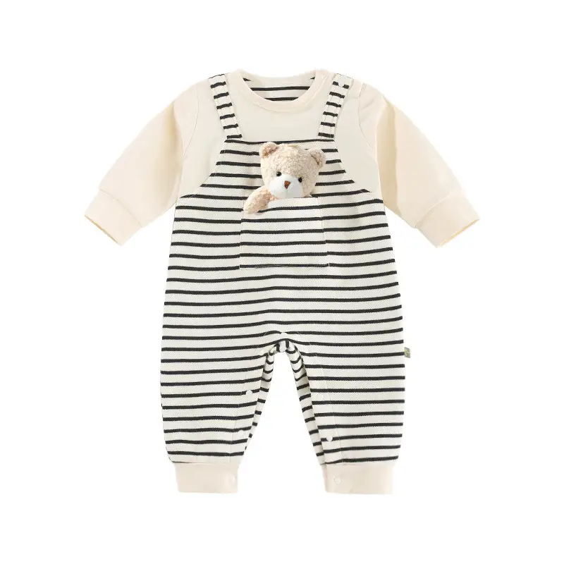 Baby Striped Four Season Cotton Jumpsuit with Hat - Image 2