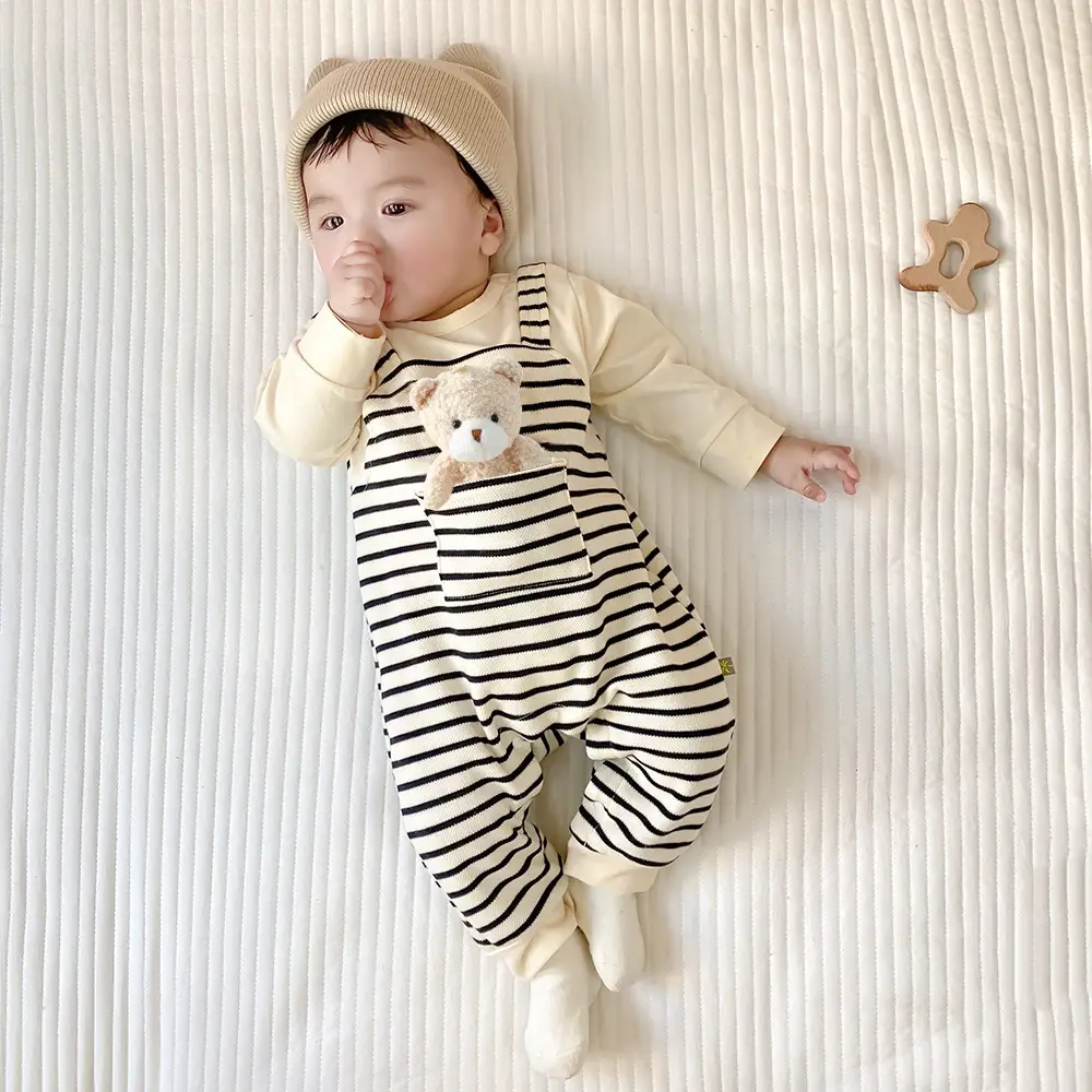 Baby Striped Four Season Cotton Jumpsuit with Hat - Image 3