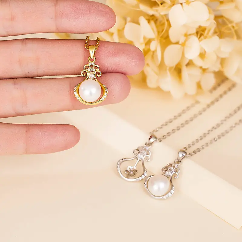 Gold Zircon Pearl Pendant Necklace for Women - Image 2