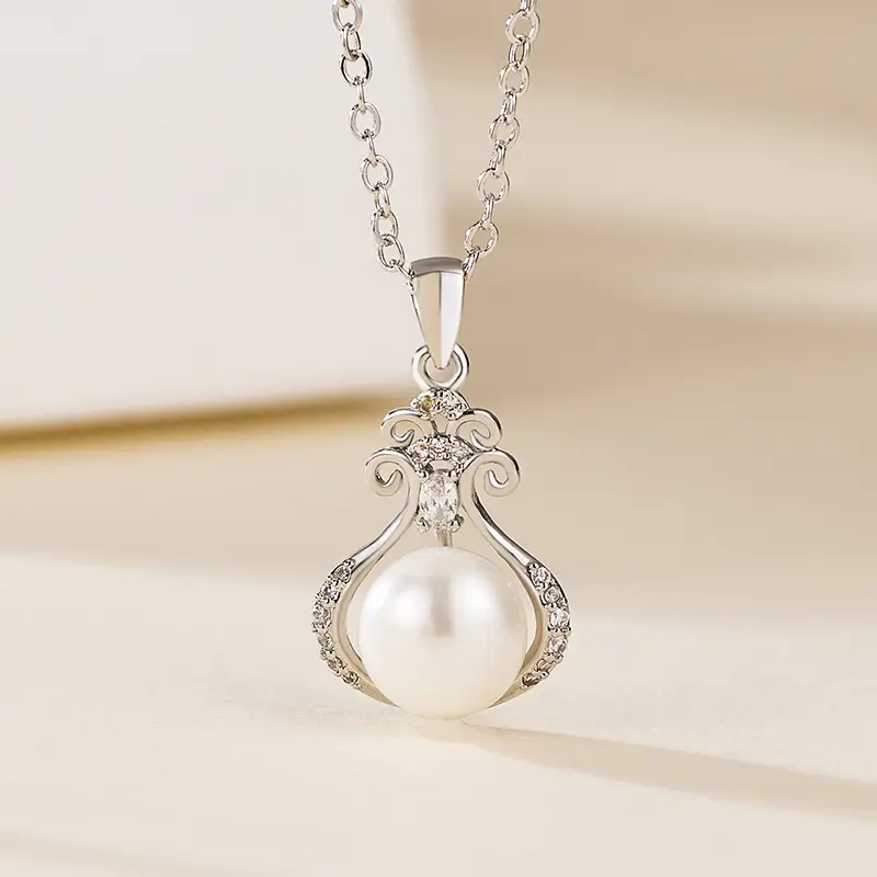 Gold Zircon Pearl Pendant Necklace for Women - Image 4