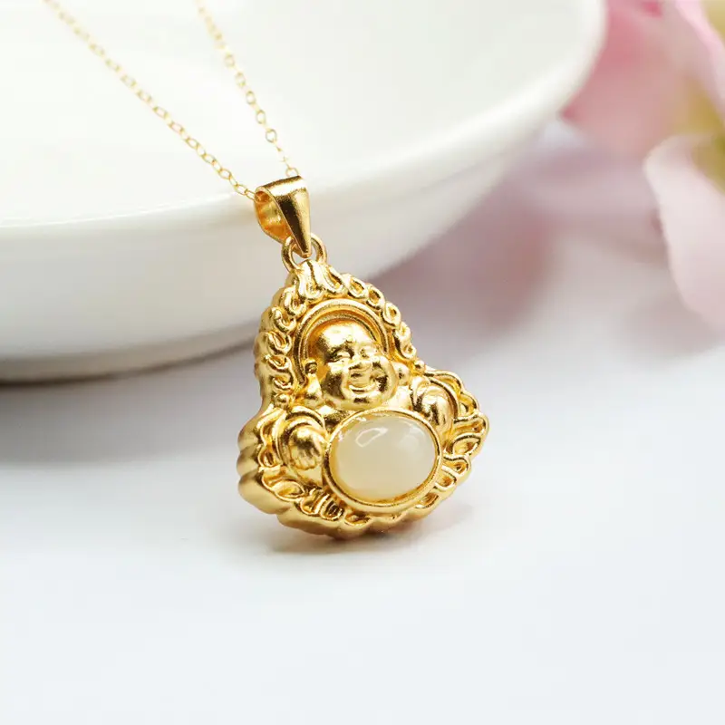 Guan Yu Inlay Pendant Necklace with Hetian Jade Flame Buddha Design - Image 3