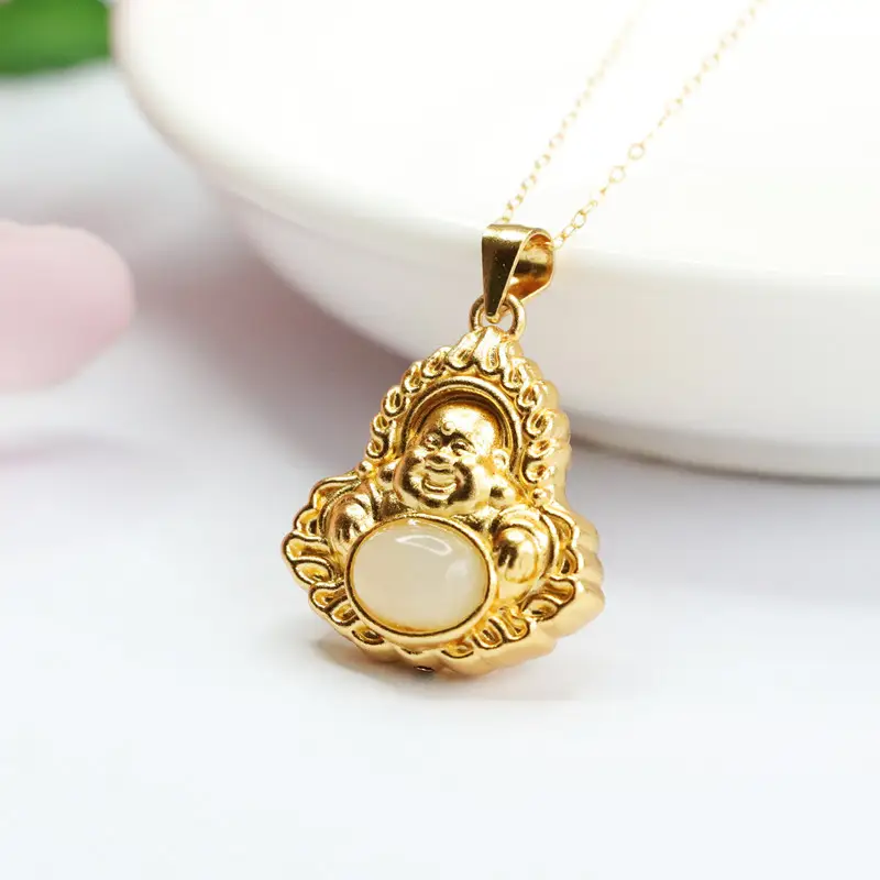 Guan Yu Inlay Pendant Necklace with Hetian Jade Flame Buddha Design - Image 4