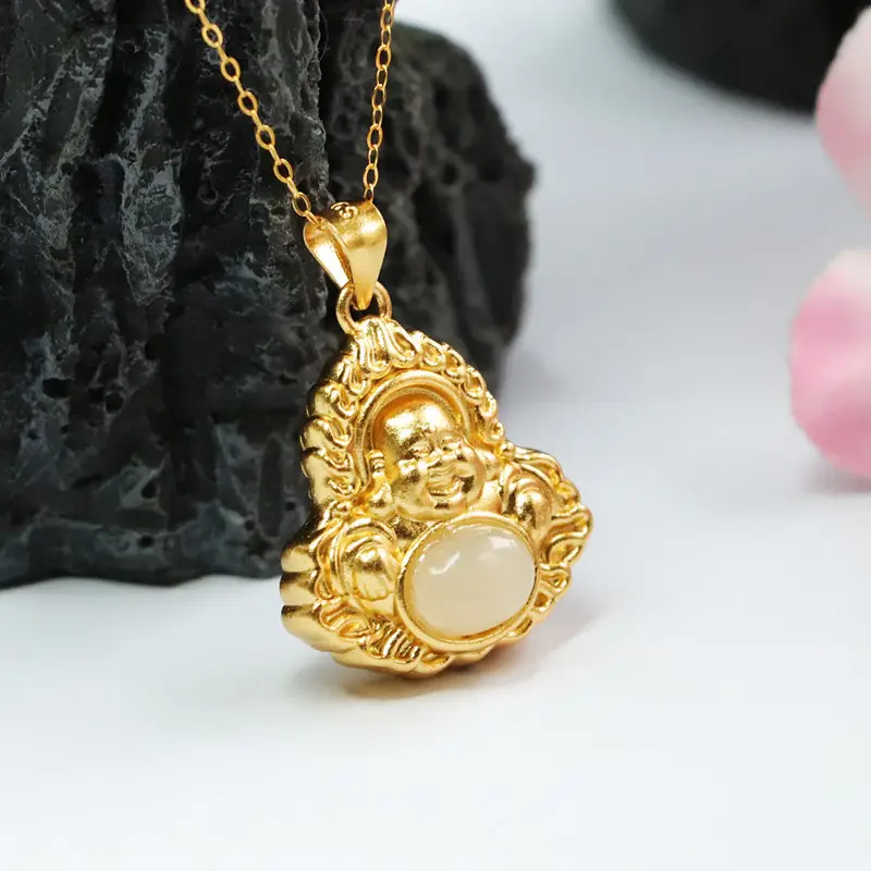 Guan Yu Inlay Pendant Necklace with Hetian Jade Flame Buddha Design — feature 11