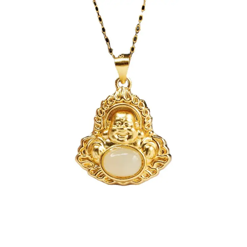 Guan Yu Inlay Pendant Necklace with Hetian Jade Flame Buddha Design - Image 6