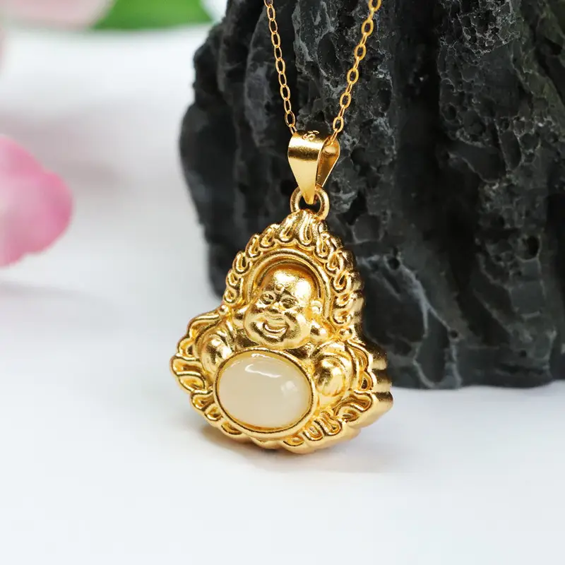 Guan Yu Inlay Pendant Necklace with Hetian Jade Flame Buddha Design — feature 10