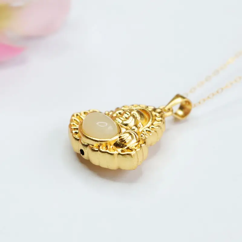 Guan Yu Inlay Pendant Necklace with Hetian Jade Flame Buddha Design — feature 7
