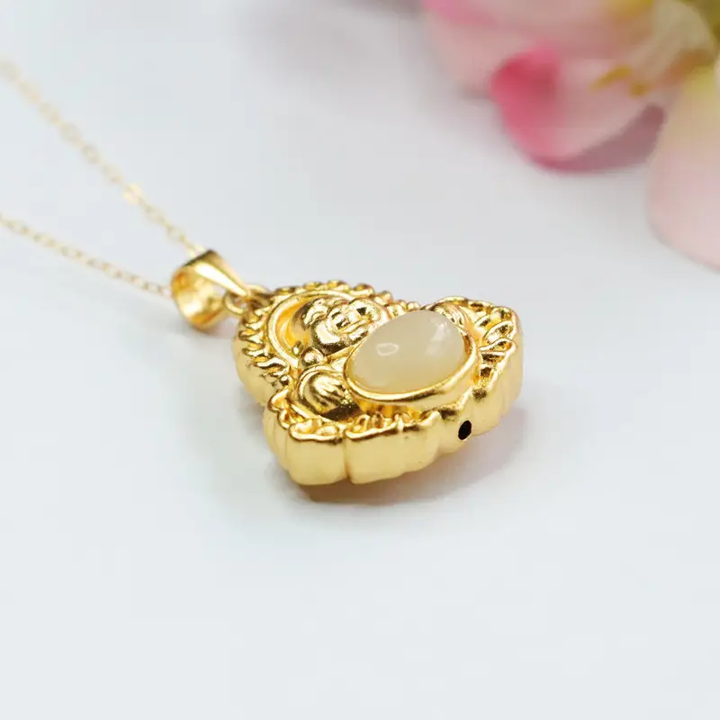 Guan Yu Inlay Pendant Necklace with Hetian Jade Flame Buddha Design — feature 8