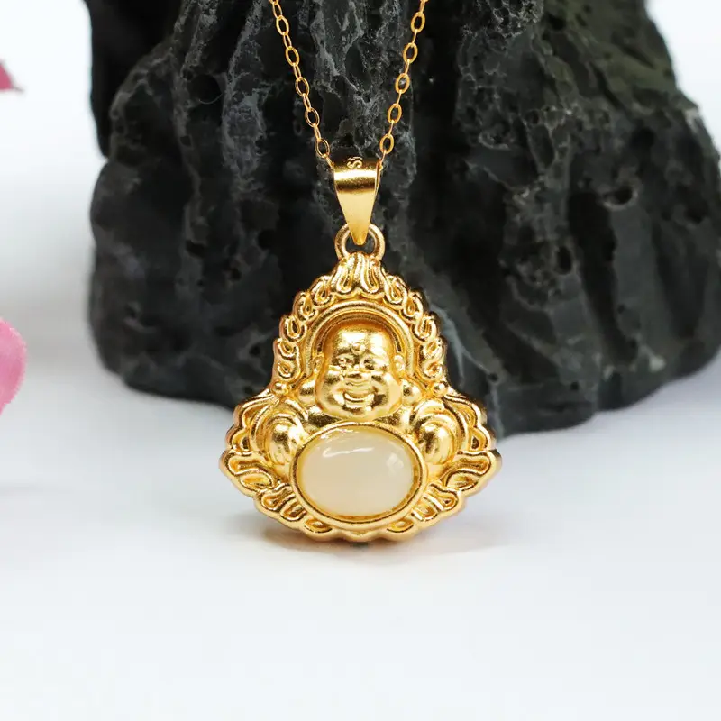 Guan Yu Inlay Pendant Necklace with Hetian Jade Flame Buddha Design — feature 9